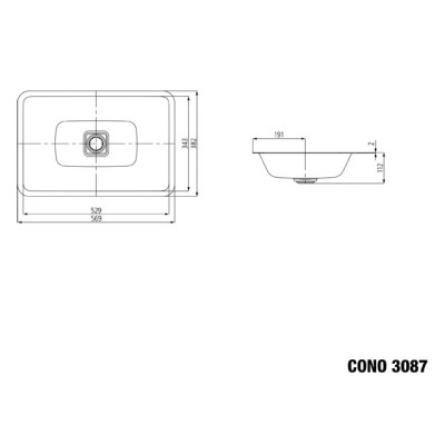 Praustuvas Cono 3087 56,9x38,2 montuojamas iš apačios - 2