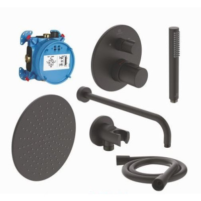 Potinkinis dušo komplektas Ideal Standard Ceratherm T100, su termostatiniu maišytuvu, Ø30cm galva (7 dalių), juodas matinis