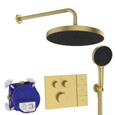 Dušo sistema IDEAL STANDARD Ceratherm Navigo Solos, 300mm dušo galva, 3 funkcijos, 400mm dušo alkūnė, šlifuotas auksas (brushed 