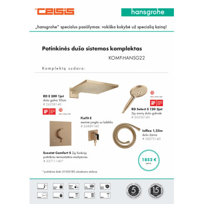Potinkinės dušo sistemos komplektas HANSGROHE "5 in 1", RD E 300, RD Select S 120, stačiakampės formos, spalva - šlifuotos bronz
