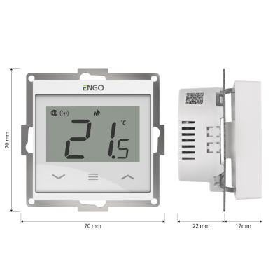 ENGO E55-W Wi-Fi termostatas E55-B, tinkamas jungiklio rėmeliui, baltas ENGO E55-W Wi-Fi termostatas E55-B, tinkamas jungiklio rėmeliui, baltas