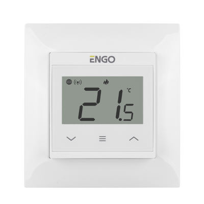ENGO E55-W Wi-Fi termostatas E55-B, tinkamas jungiklio rėmeliui, baltas ENGO E55-W Wi-Fi termostatas E55-B, tinkamas jungiklio rėmeliui, baltas