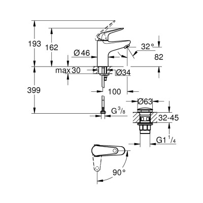 Praustuvo maišytuvas Grohe Swift 2023 S, SilkMove ES, su „Click“ dugno vožtuvu, chromuota