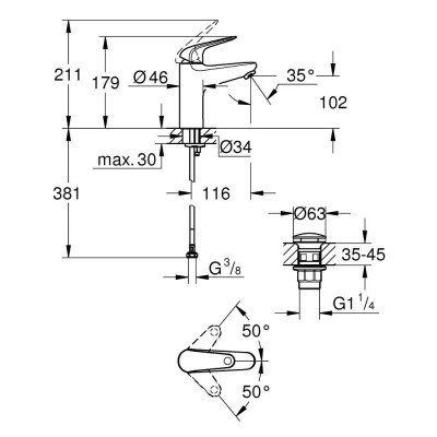 Praustuvo maišytuvas Grohe Swift 2023 M, SilkMove ES, su „Click“ dugno vožtuvu, chromuota