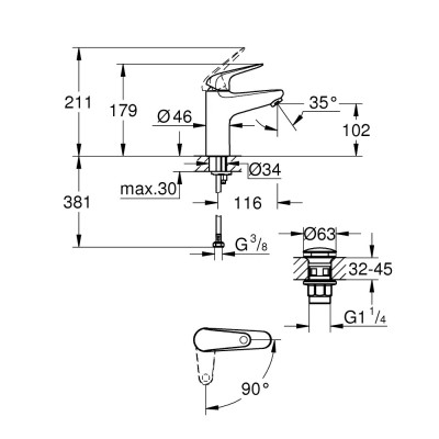 Praustuvo maišytuvas Grohe Swift 2023 M, SilkMove ES, su „Pop-Up“ dugno vožtuvu, chromuota