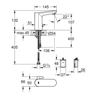 Praustuvo maišytuvas Grohe Get E, sensorinis, 6V, chromas