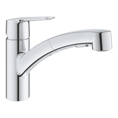 Virtuvės maišytuvas Grohe Start, su žemu C formos snapeliu ir dviejų srovių ištraukiama galvute, chromas