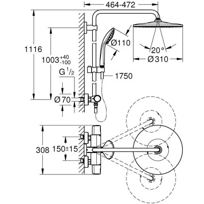 Dušo sistema Grohe Vitalio Joy 310, virštinkinis su termostatu, chromas