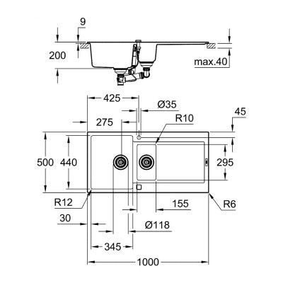 Kompozitinė plautuvė Grohe K500 100/50, juoda