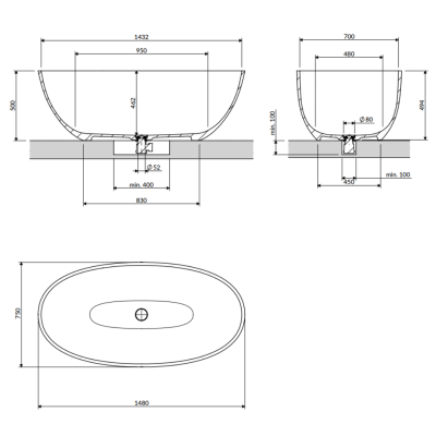 Laisvai pastatoma vonia OMNIRES SHELL M+, 148 x 75 cm, Balta matinė