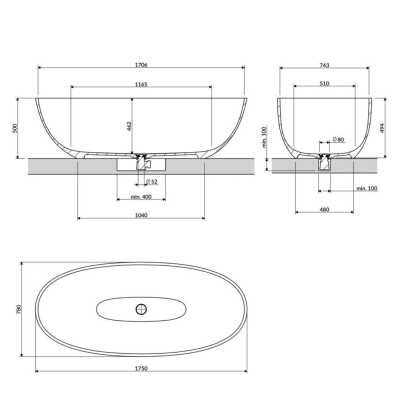 Laisvai pastatoma vonia OMNIRES SHELL M+, 175 x 78 cm, Balta blizgi