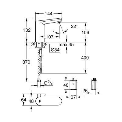 Sensorinis praustuvo maišytuvas GROHE Eurosmart Cosmopolitan E, su temperatūros reguliavimo rankenėle, 6V, chromo spalvos - 2